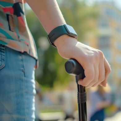 Die Hand einer Person ist sichtbar, sie trägt eine Smartwatch und hält einen Gehstock.