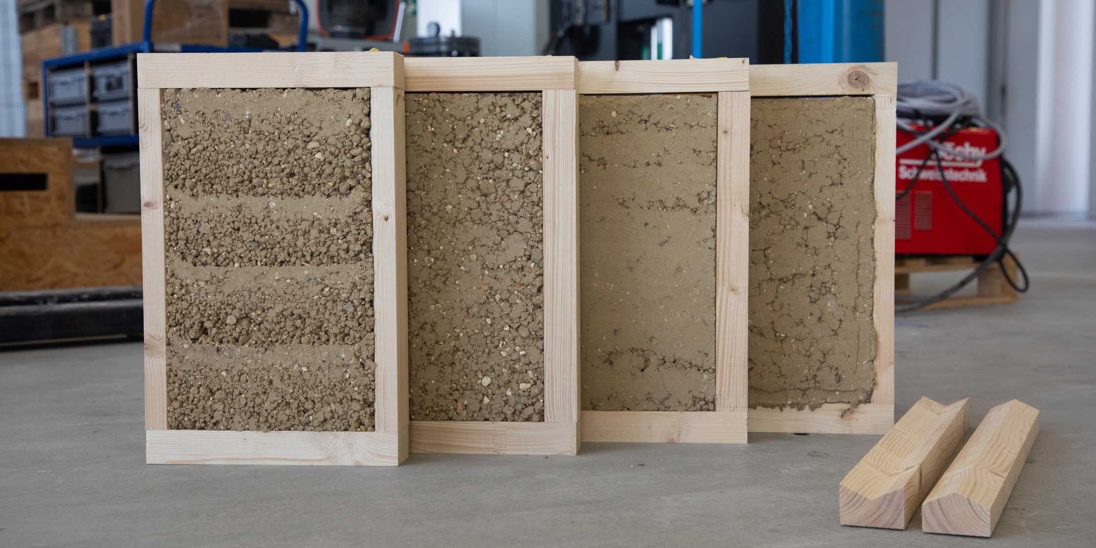 Hybride Bauelemente aus den wiederverwendbaren Materialien Holz und Lehm