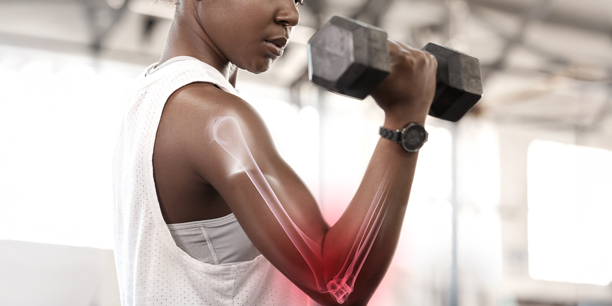 Person hebt ein Gewicht mit einem Arm und die Knochen welche belastet werden sind markiert.