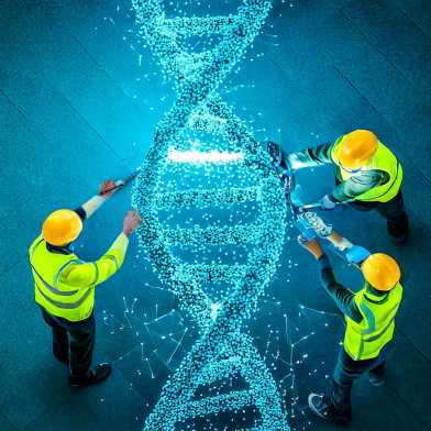 Dieses generierte Bild zeigt drei Menschen an einer DNA-Doppelhelix arbeiten
