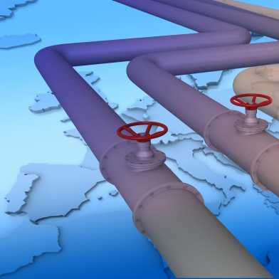 In the background a map of Europe (blue) in the foreground gas pipelines running across the map.
