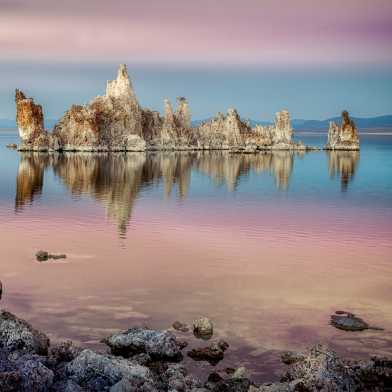 A soda lake with an outstanding rock in the middle